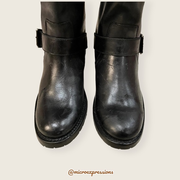 $388 Frye Natalie Engineer Black Leather  Short Moto Belted Casual Lug AnkleBoot - Picture 11 of 16